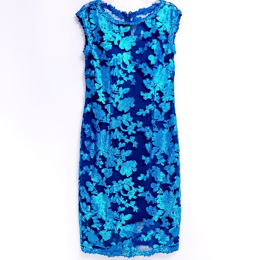 NWOT Adrianna Papell Turq. Sequined Sheath… - Picture 4 of 12